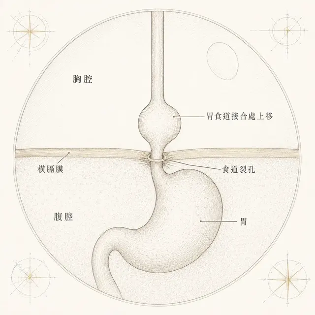 食道裂孔疝氣示意圖：胃部從橫膈膜的食道裂孔向上擠入胸腔，與腹股溝疝氣等腹壁疝氣發生的部位完全不同