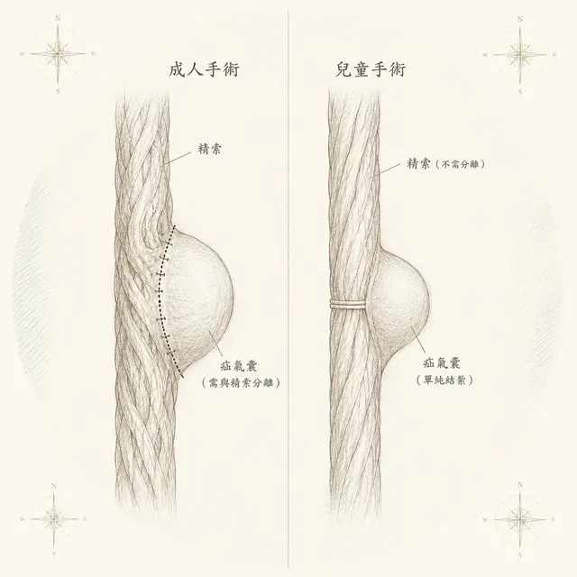 成人與兒童疝氣手術原則比較示意圖：成人手術需將疝氣囊與精索分離處理，兒童手術則單獨紮綁疝氣囊、不需分離精索
