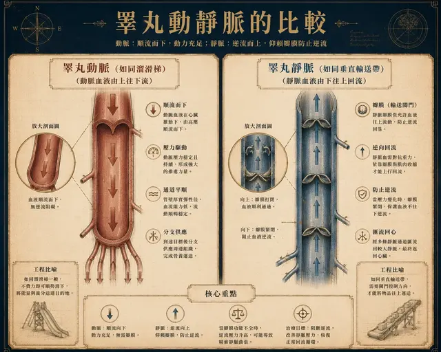 睪丸動脈與睪丸靜脈的比較 — 動脈順流而下、靜脈逆流而上仰賴瓣膜防止血液逆流