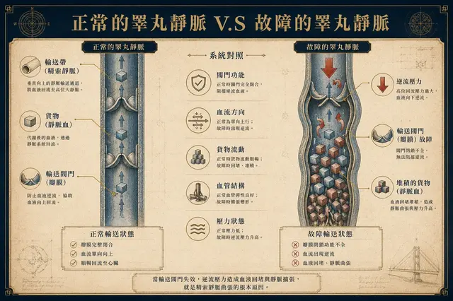 輸送帶比喻視覺化 — 正常的睪丸靜脈與故障的睪丸靜脈對照圖