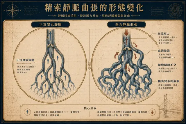 精索靜脈曲張的形態變化 — 正常睪丸靜脈與曲張靜脈叢的對比示意圖