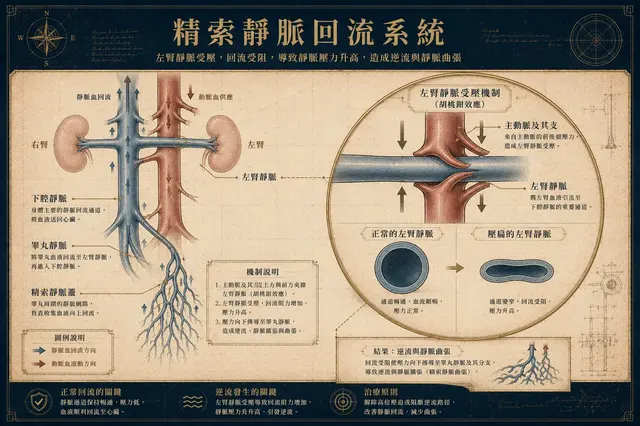 精索靜脈回流系統與胡桃鉗效應 — 主動脈與上腸繫膜動脈夾擠左腎靜脈的機制全景