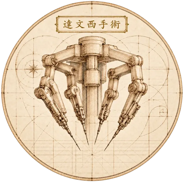 達文西機器手臂示意圖 — 多軸機械關節與精密器械尖端,達文西手稿風格繪製