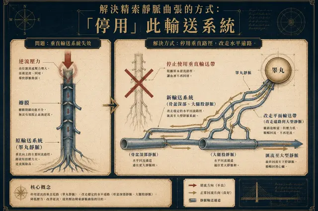 治療思路示意 — 停用垂直輸送系統,讓血液改走水平輸送帶(骨盆深部、大腿股靜脈)匯入大型靜脈